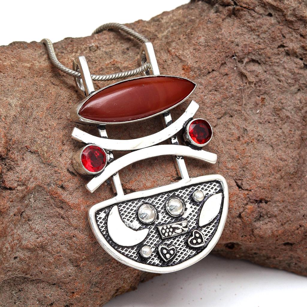 Red Onyx Garnet Gemstone Women's Gift For Her Silver Jewelry Pendant 2"