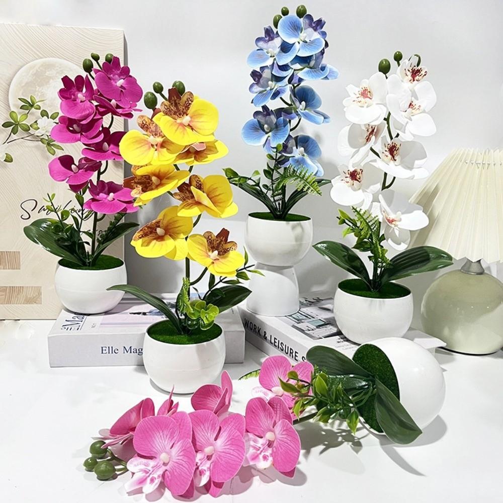 With White Pot Artificial Orchid Potted Flower Pink Artificial Faux Plants Indoor Decoration
