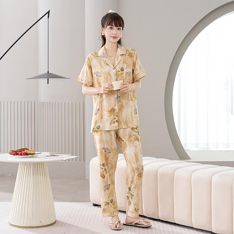 Cotton and silk pajamas women's spring and summer short-sleeved large-size suit spring and autumn thin cartoon printed loungewear