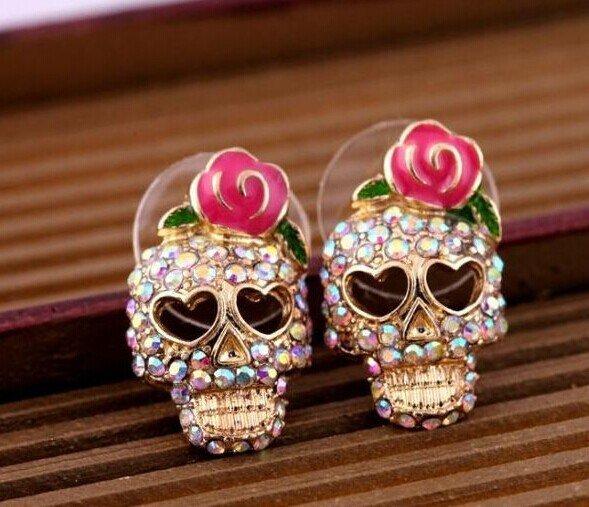 Europe And America Exaggerated Vintage Rhinestone Crystal Skeleton Skull Stud Earrings For Women Fashion Punk Ear Jewelry Gift