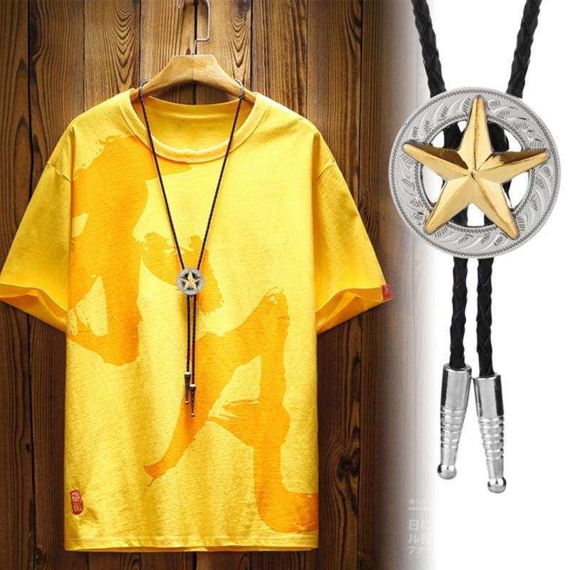 Vintage Metal Star Badge Pendant Cowboy Bolo Tie Western Faux Leather Rope Necktie Jewelry Shirt Collar Chain Necklace