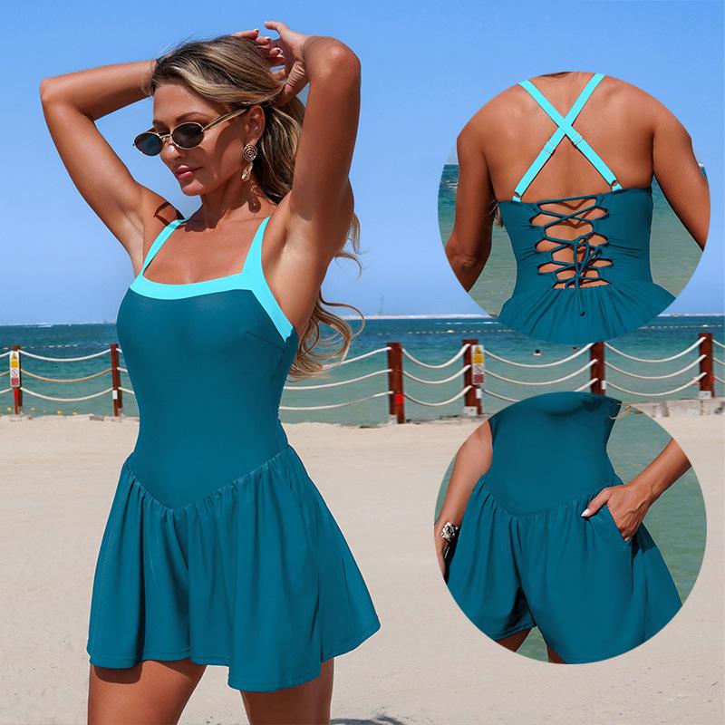 New One-piece Swimsuit for Women, Contrasting Color Swimsuit, Ready-made Swimsuit with Pockets and Skirt