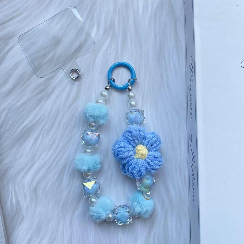 Wool Flower Beaded Phone Chain & Keychain: Cute Plush Bracelet & Bag Pendant Accessory