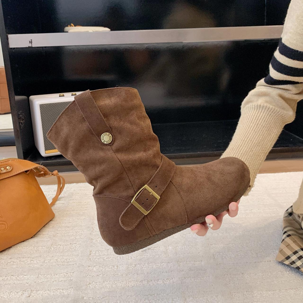 Autumn Winter New Ladies Short Boots Belt Buckle Decorated Cowboy Boots Wedge Heel Thick Sole Non-Slip Outdoor Boots Travel 40 коричневый