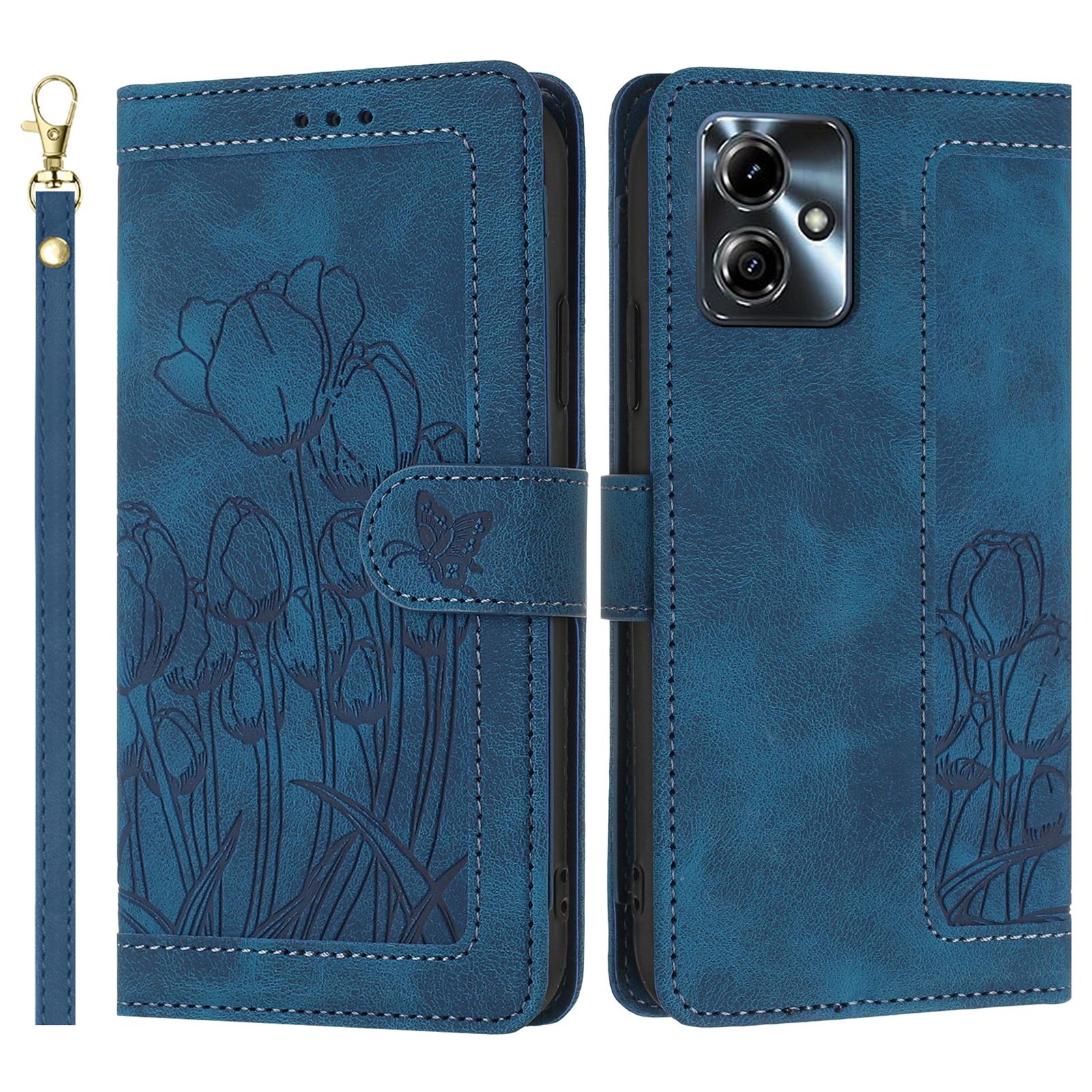 

For Motorola Moto G54 5G Tulip Leather Case Phone Cover with 5 Card Slots Wallet Blue