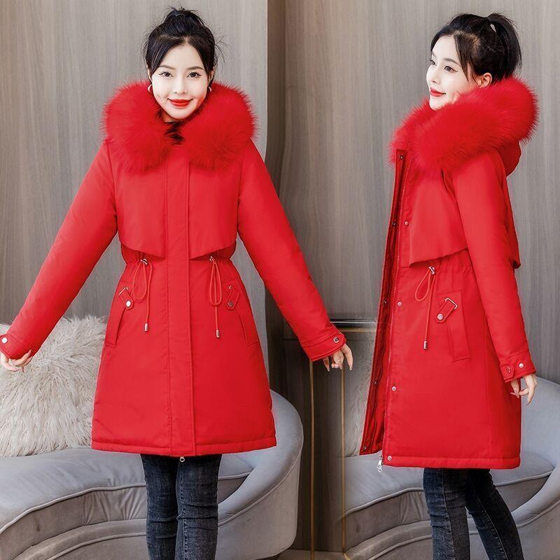 Dámská zimní bunda 8XL Slim Dlouhý kabát Ležérní parky Velký kožešinový límec Vlněná podšívka S kapucí Vnější oděv Bavlněné teplé kabáty Dámské