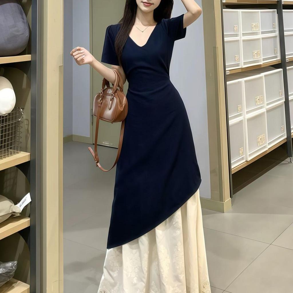 Elegant Plus Size Patchwork French Short-Sleeve Dress - Spring/Summer 2026