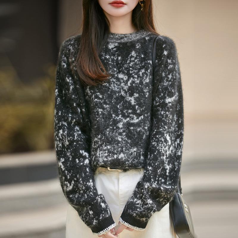 Women's Round Neck Ink Painting Color Block Sweater - 95% Wool, 5% Cashmere, Autumn/Winter Plush Knit Base Layer.