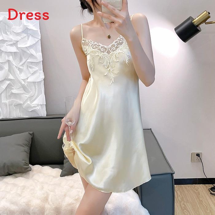 Summer Womens Satin Sleep Dress With Lace Trim Sleeveless Lounge Wear For Home Relaxation