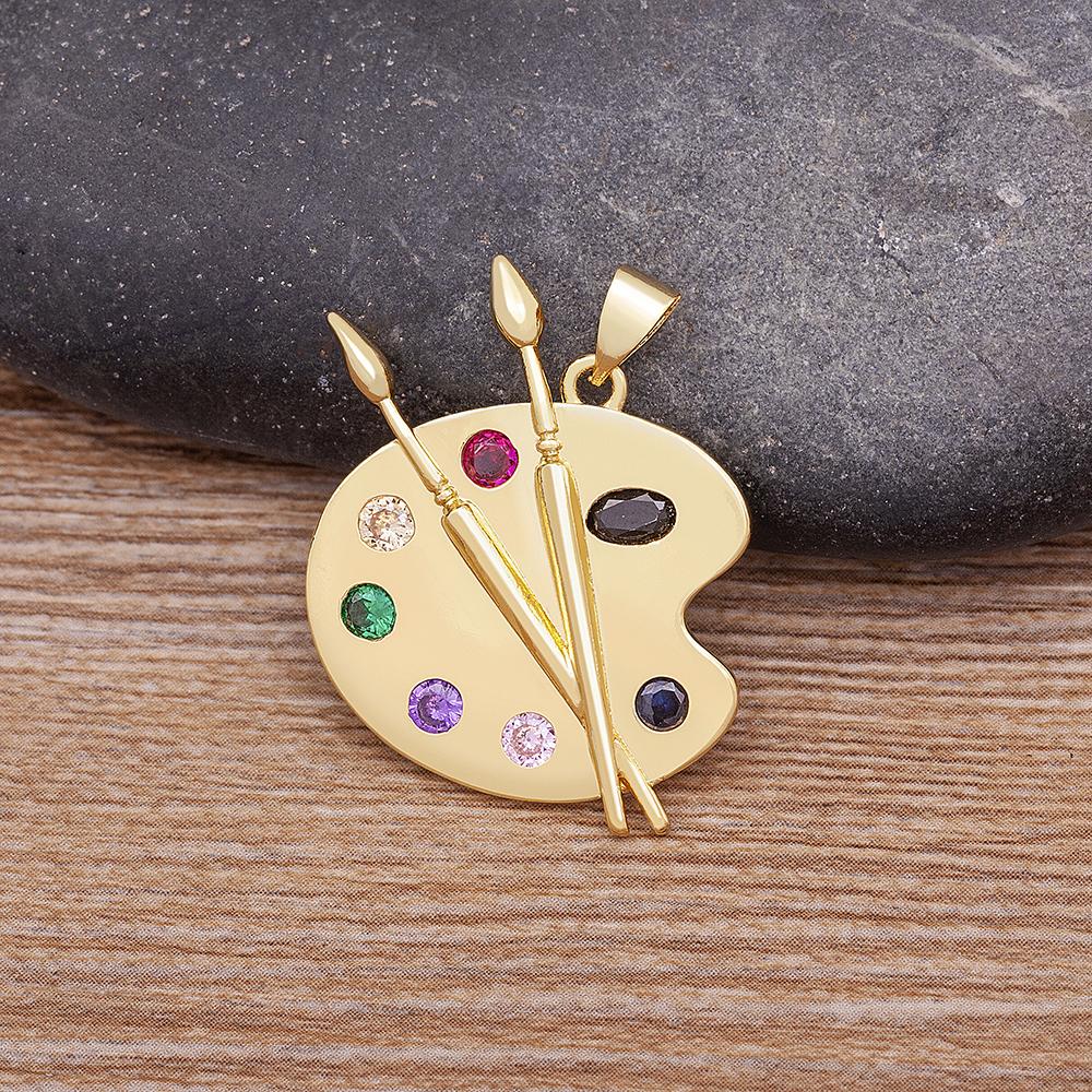 Fashion Painting Plate Colorful Zirconia Pendant Necklace for Women Art Pigment Palette Draw Brush Chain Link Jewelry