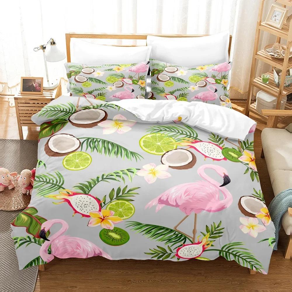 Flamingo Duvet Cover King/Queen Size Green Tropical Leaves Decor Bedding Set Palm Tree Flower Soft 2/3pcs Polyester Quilt Cover