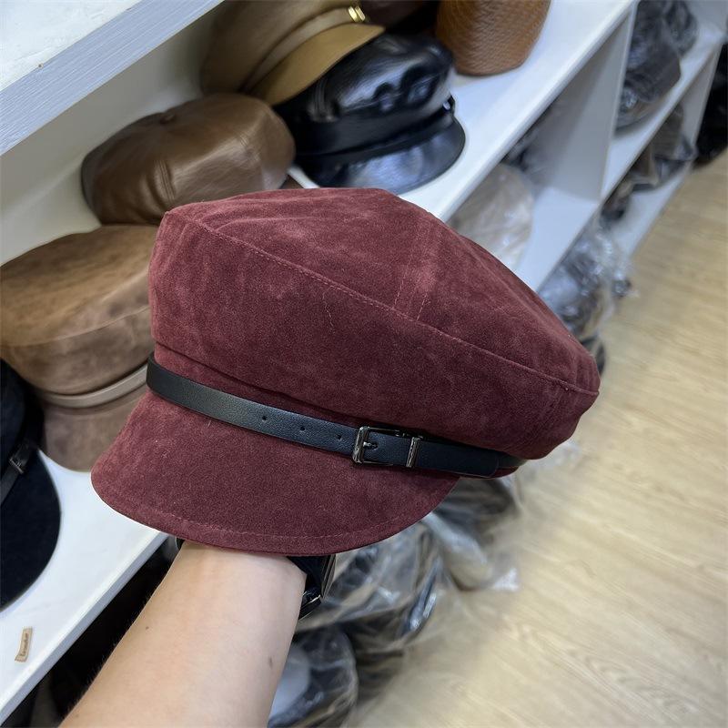 Autumn and Winter Belt Splicing Polished PU Leather Flat Top Hat Women's Niche Short Cover All-match Crooked Trendy Hat