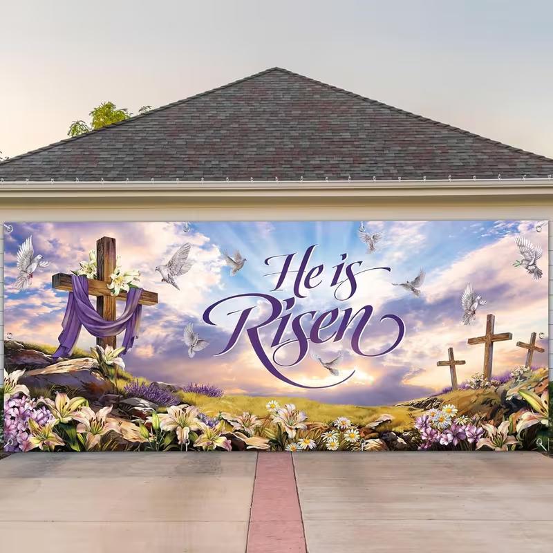 2D Religious Easter Backdrop Cloth He is Risen Cross Floral Outdoor Garage Banner 47.2x31.5inch/120*80cm