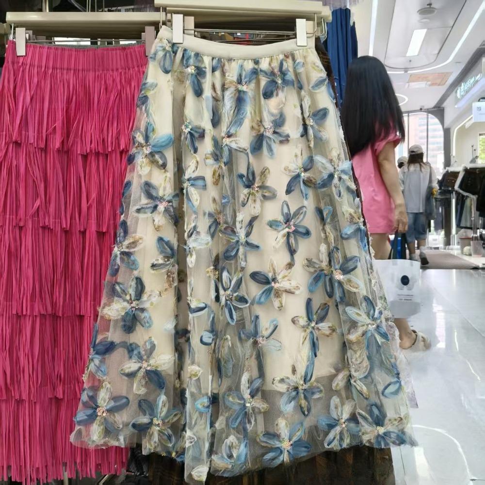 Damen Hohe Taille Geblümter Midi-Rock Lockere Passform Lässig Bestickter Netzrock