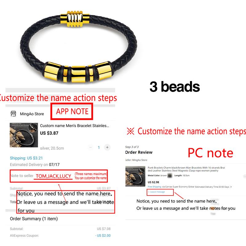 

MingAo Customized Engraved Name Single Leather Beads Braclet For Men Women Punk Black Stainless Steel Beaded Bracelets 18.5cm