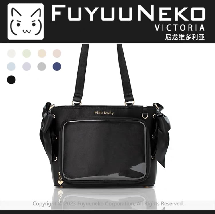 FUYUUNEKO Satin Ita Bag with Side Ribbons, Fuyuneko Floating Cat MILK DOLLY, Chinese Ita Bag, Shiny, Lightweight Satin, Black [Parallel Import]