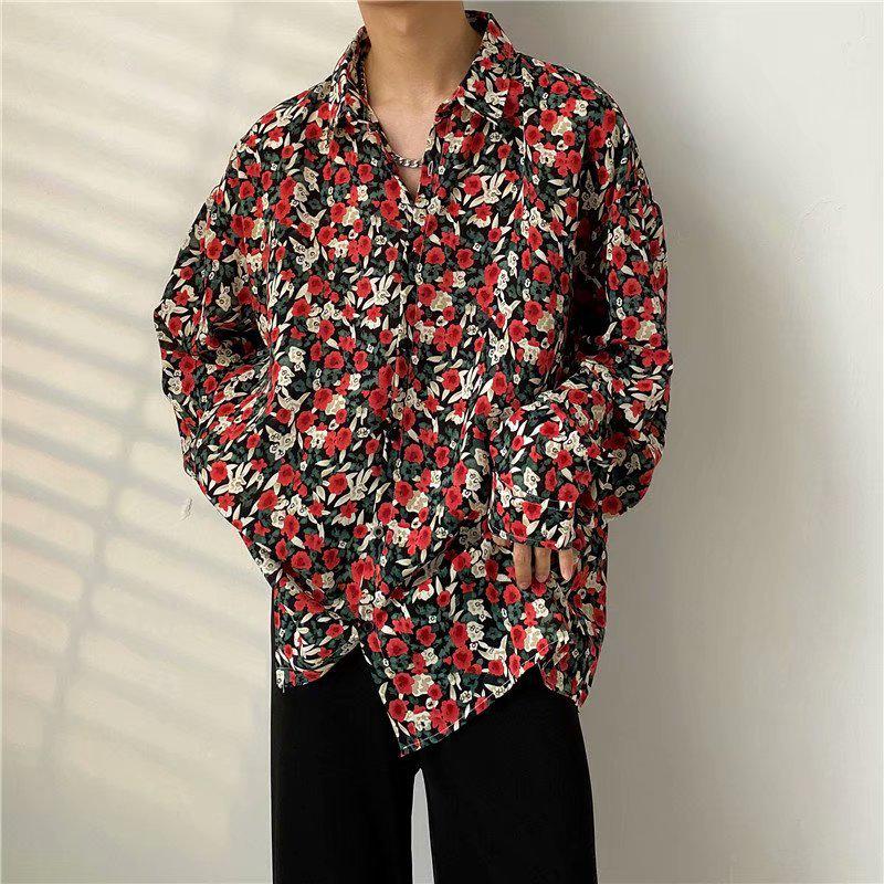 Men's Japanese-Style Full Print Long Sleeve Shirt - Casual, Trendy, Hong Kong-Style Cardigan for Spring/Autumn