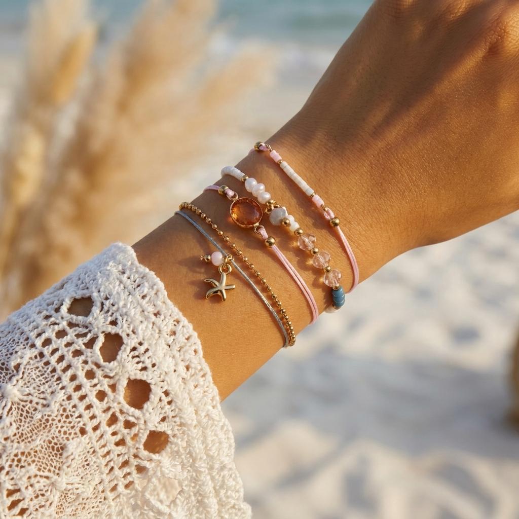 4PCS/Set Sweet And Simple Pearl Star Crystal Bracelet Set for Ladies with Pink Rope Stacking Jewelry Hand Accessory Gift