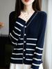 Autumn Women's V-Neck Wool Blend Color Block Cardigan