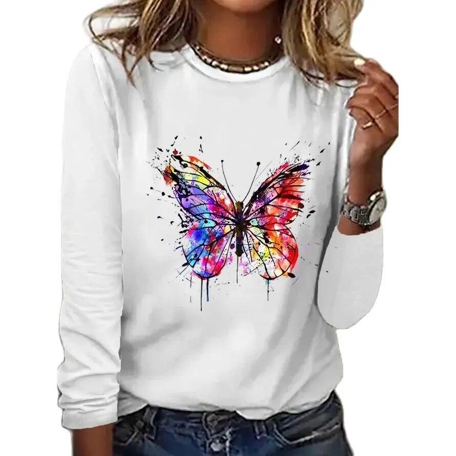 

Женская простая футболка с длинными рукавами и 3D принтом бабочки, новинка 2023 года, осенняя винтажная одежда в стиле Харадзюку, женские толстовки