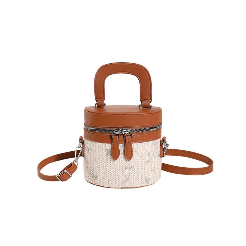 Trendsetting Pu Knitted Patchwork Round Tube Handbag Women s Bag 2023 Summer Street Style Small Fragrance Shoulder Crossbody Bag коричневый