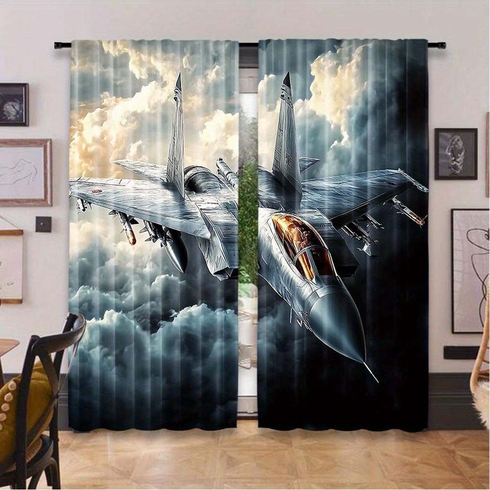 

Set Of 2 Vintage Military Airplane Sky Cloud Curtains Top Bedroom Living Room Dining Curtain With Rod Pocket Polyester Perfect For Sitting W100*H70(CM)-Hooks&2PCS