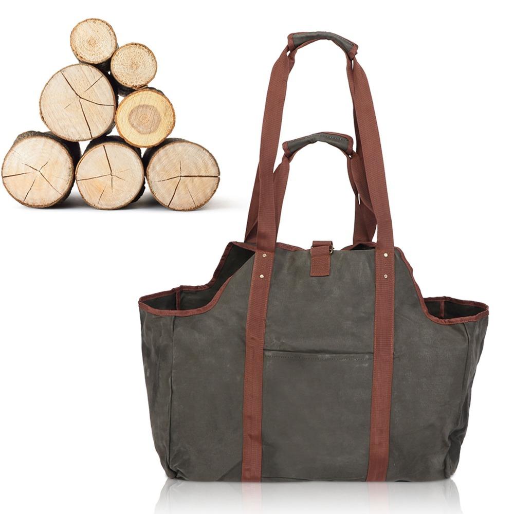 Waxed Canvas Firewood Carrier Thicken with Reinforced Handles Firewood Log Tote Waterproof Foldable Firewood Bag