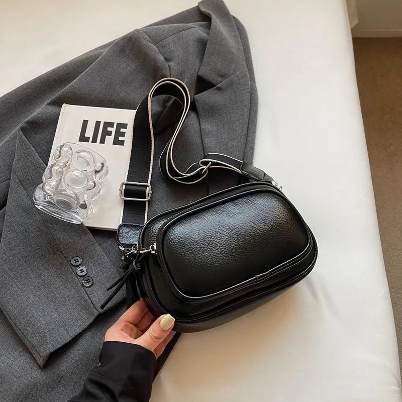 Fashionable Multi-layer Small Round Bag Versatile Soft Leather Shoulder Bag Version Wide Shoulder Strap Messenger Bag