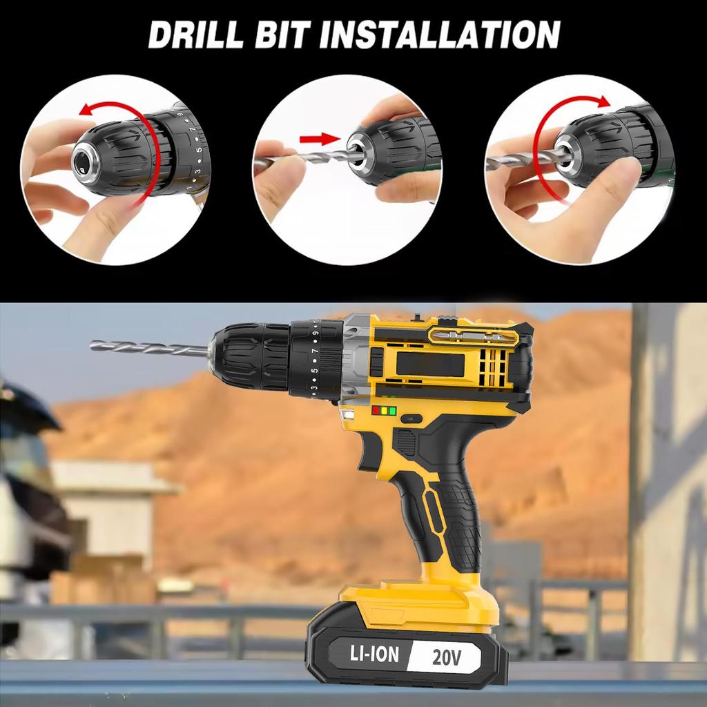 20V Keyless Chuck Electric Screwdriver Set Cordless Impact Drill Variable Speed Max Drilling 30mm Battery