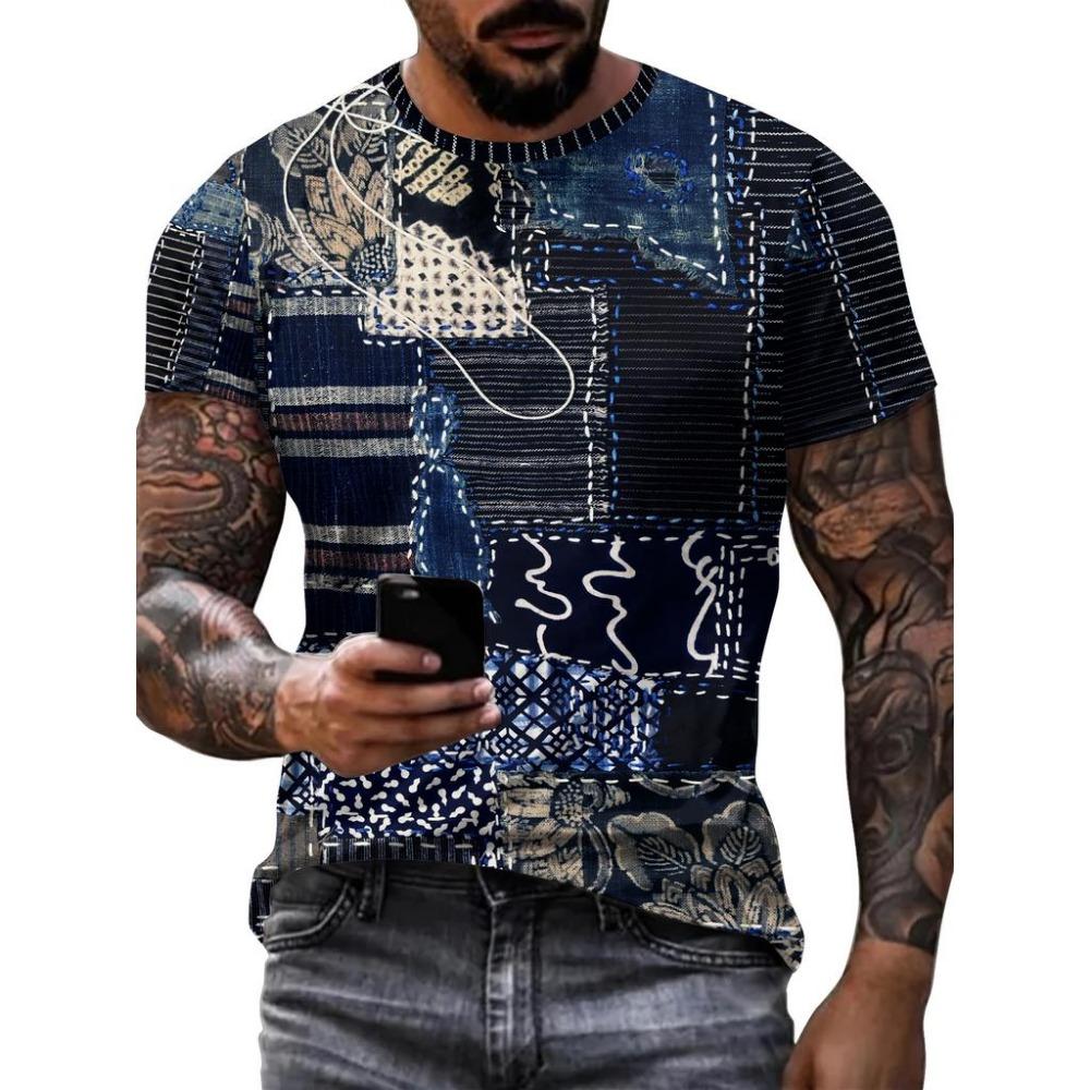 2026 New Trendy Denim Graphic Stitching Short Sleeve T-shirt Casual Loose Men's Short Sleeve Tee Oversized T Shirts For Man