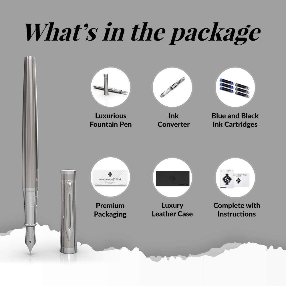 Wordsworth & Black 's Finest Premium Metal Fountain Pen [Erudite (silver Chrome)]  6 Fountain Pen Ink Cartridges (black and Blue)  Chrome Decoration  S