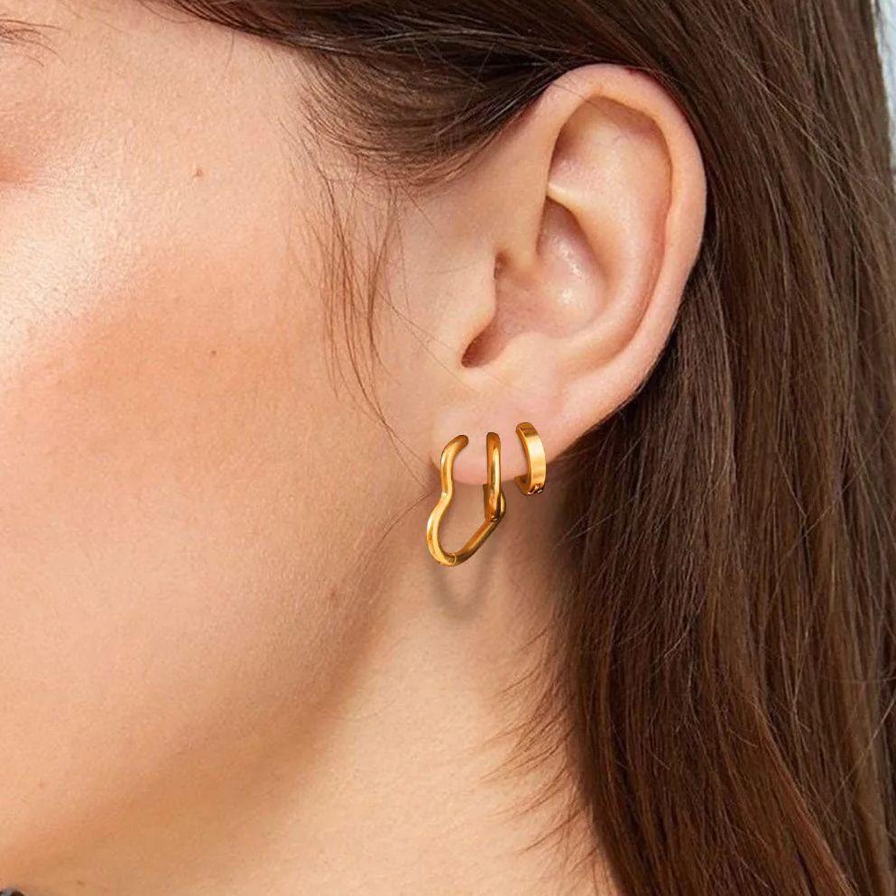 3 Pairs Heart-shaped Hoop Earrings for Women,Gold Plated Stainless Steel Geometric Earrings,High Polished Party Jewelry Gifts