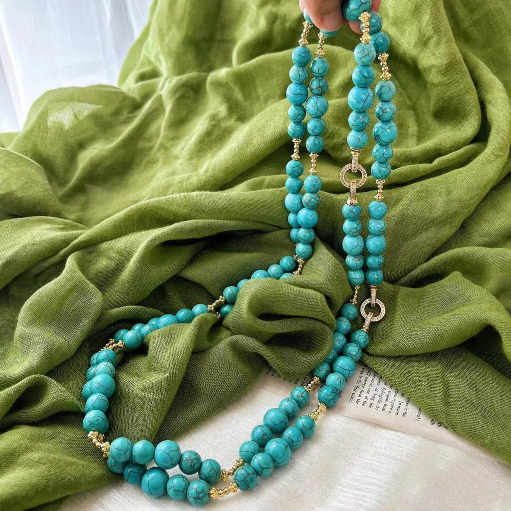 Vintage Green Artificial Turquoise Small Long Chain Sweater Chain Necklace Women's Light Luxury Niche Atmosphere Necklace