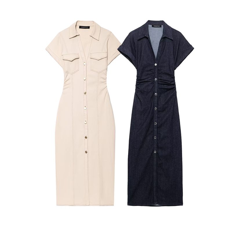 Kaslead New Arrival Women's Clothing Fashion Style Fashion Short Sleeve Lapel Denim Midi Skirt Dress 2284576