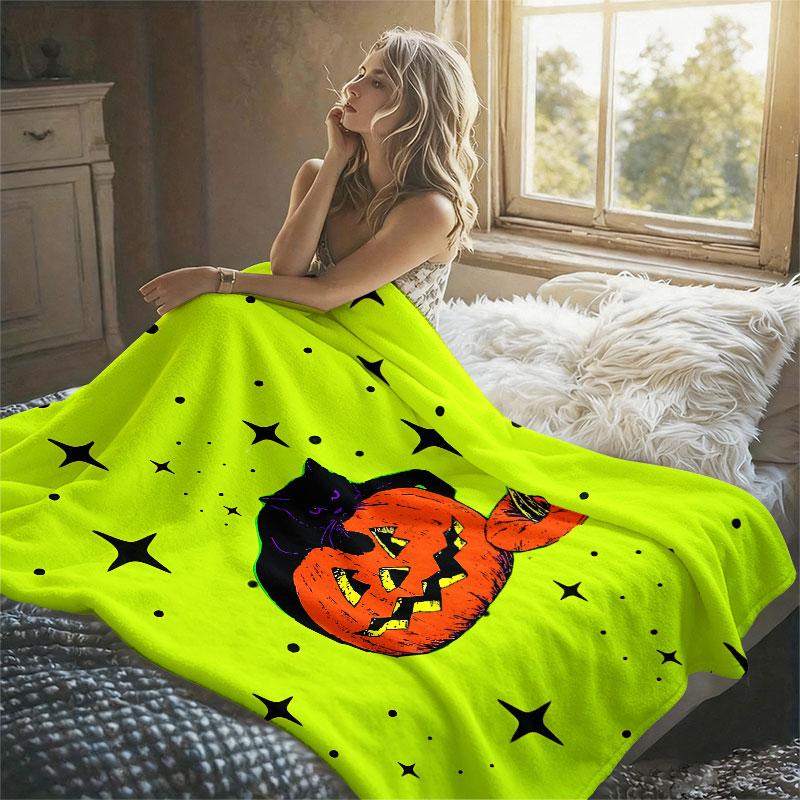 Pumpkin Black Cat Flannel Blanket Warm Soft Halloween Christmas Decorative Couch Warm Cozy All-Season Gift