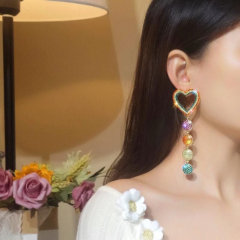 Fyuan Sweet Love Heart Earrings Ladys Long Tassel Colorful Rhinestone Dangle Earrings For Women Jewelry Gifts