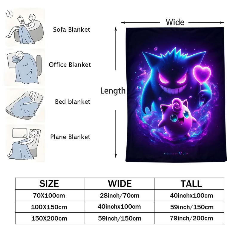 Pokemon Gengar & Jigglypuff Flannel Blanket Hot Anime Soft Warm Throw Sofa Bed Couch Cover Nap Cape Shawl Camping Fans Kids Gift