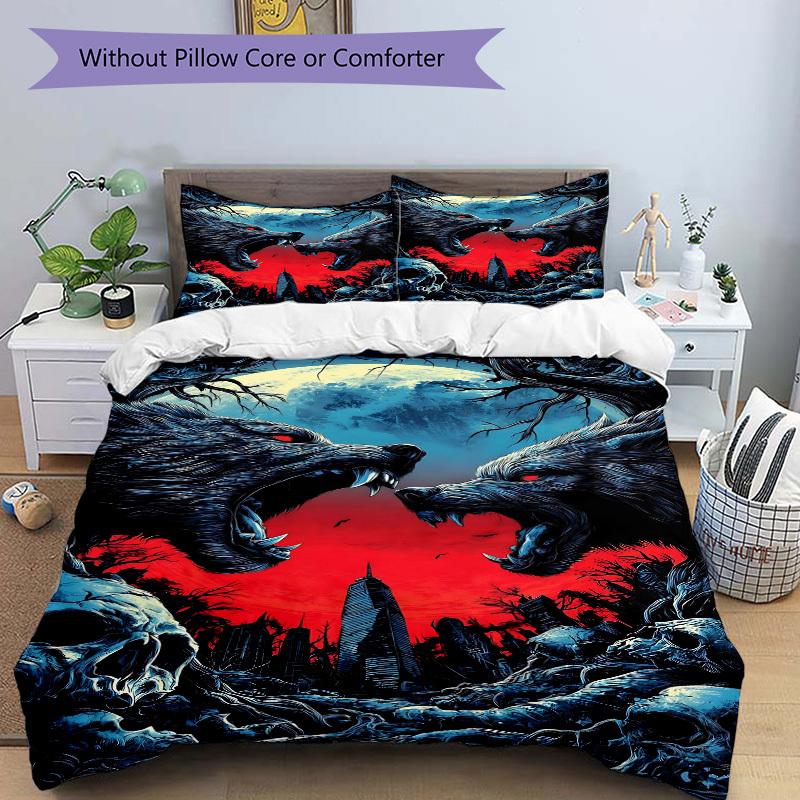3pcs Anime Wolf Moonlight Bedding Set - Includes One Quilt Cover and Two Pillowcases (No Core) - Perfect for Bedroom and Guest Room Decorati
