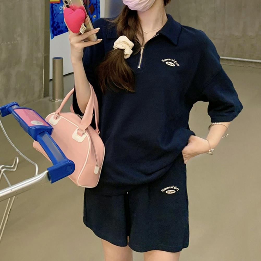 2 Pcs/Set Women Summer Sweatshirt Pants Set Short Sleeve Zippered Turn-down Collar Top Drawstring Elastic Waist Loose Sweatpants