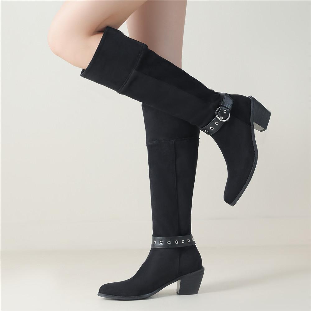 Fashion New Solid Color Comfortable Fashion Knee-high Fashion Ankle Strap Buckle Boots Round Head Square Heels Increase Winter High Boot