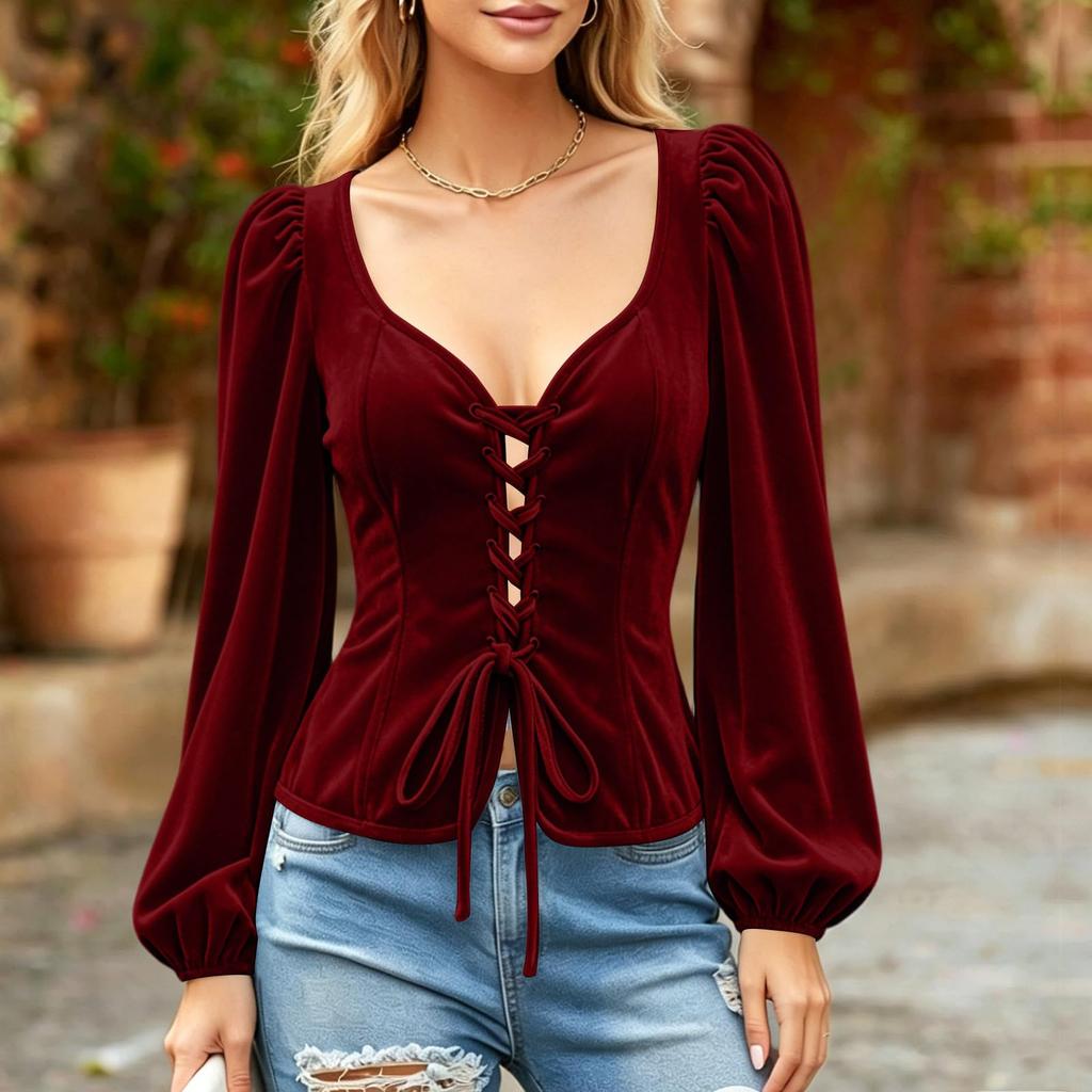Women's Velvet Long Sleeve Tie-Front Blouse for Casual Everyday Wear