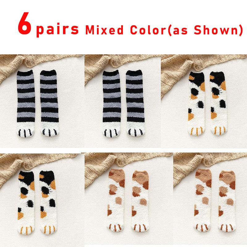 6 Pairs Woman Socks Set Cartoon Cute 3D Dog Cat Paw Pattern Winter Female Fleece Warm Home Floor Sleeping Thick Socks