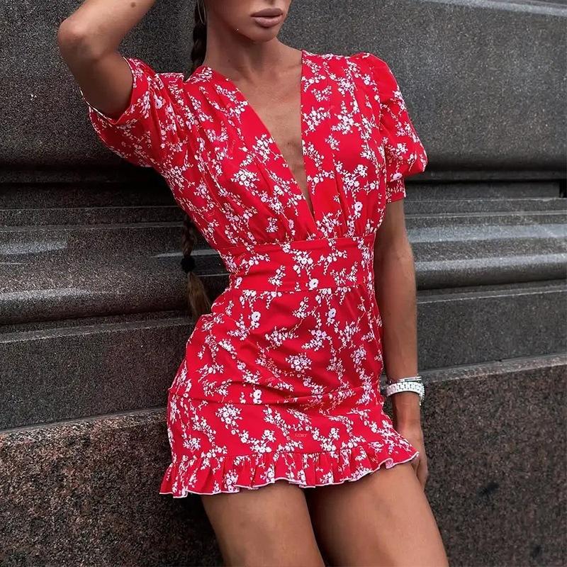 Floral Print Women's Casual Dress V-neck Puff Sleeve Waistband Ruffle Hem Female Mini Dresses Summer Party Vacation Gown