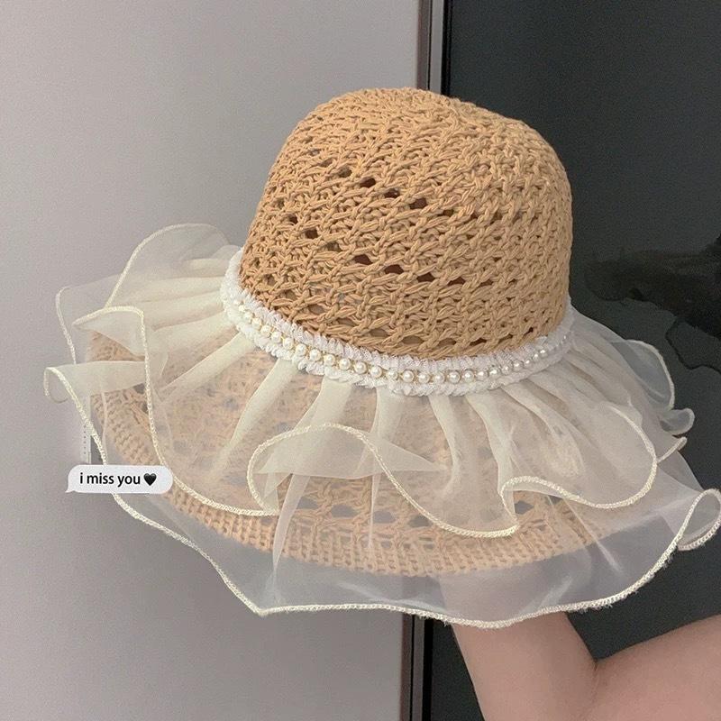 Hyunya wind colored wood beads straw hat women's summer big brim straw bucket hat foldable seaside sunshade sunscreen hat