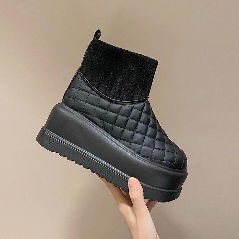 

Модные женские теплые плюшевые зимние ботинки Новые зимние водонепроницаемые кожаные ботинки Каблук 7,5 см Массивные кроссовки Толстый мех Высокая платформа Ботильоны 35 чёрный