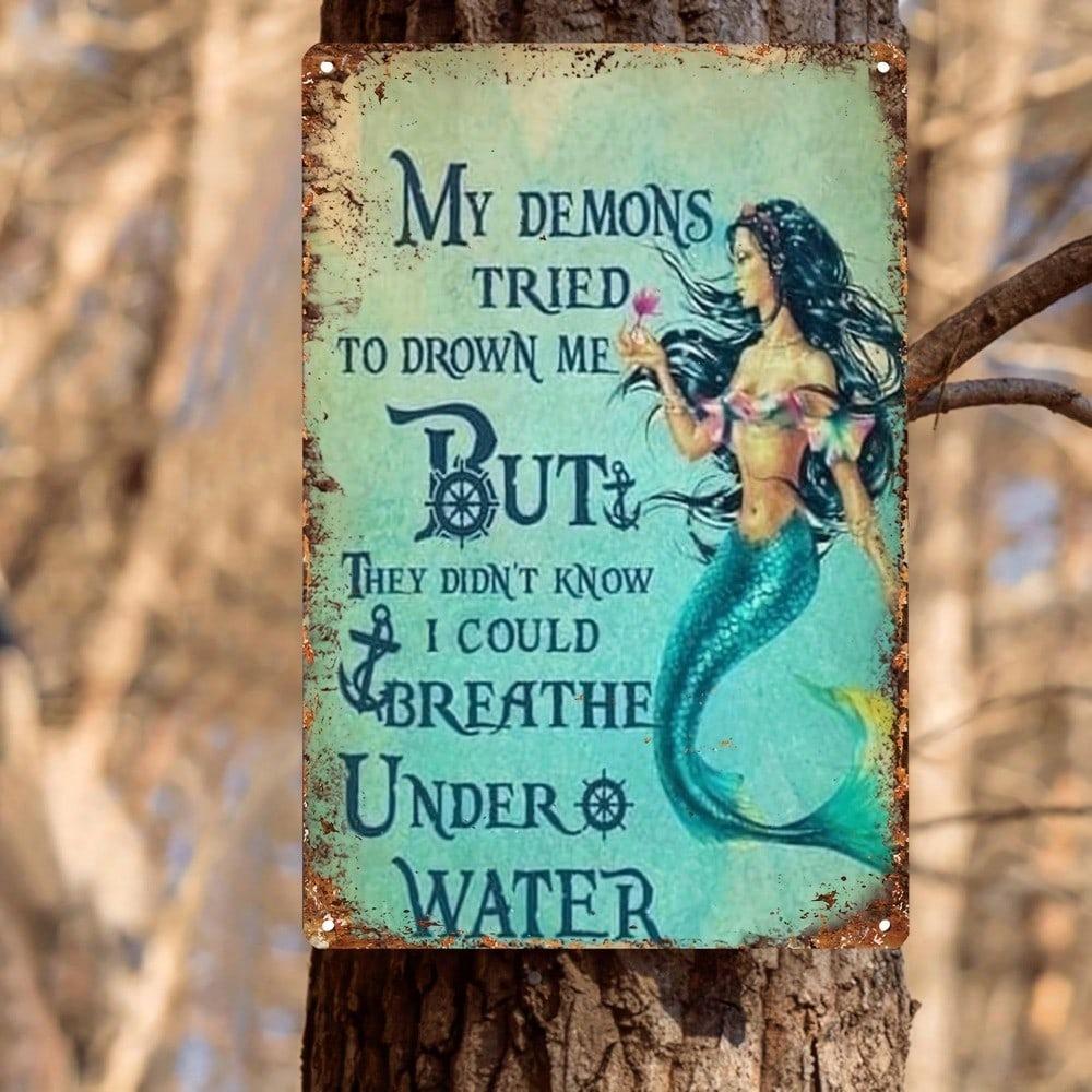 Vintage Mermaid Tin Sign Wall Art 8x12 Inch Metal Decor for Home Bar Cafe
