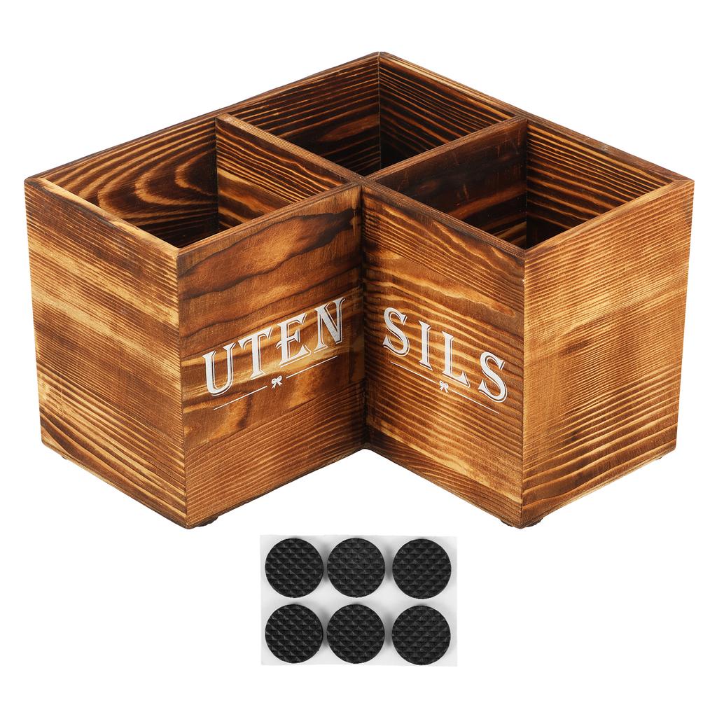 Kitchen Utensil Holder Wood Corner Utensil Caddy with 3 Compartments Vintage Countertop Storage Rack for Home Kitchen Decoration