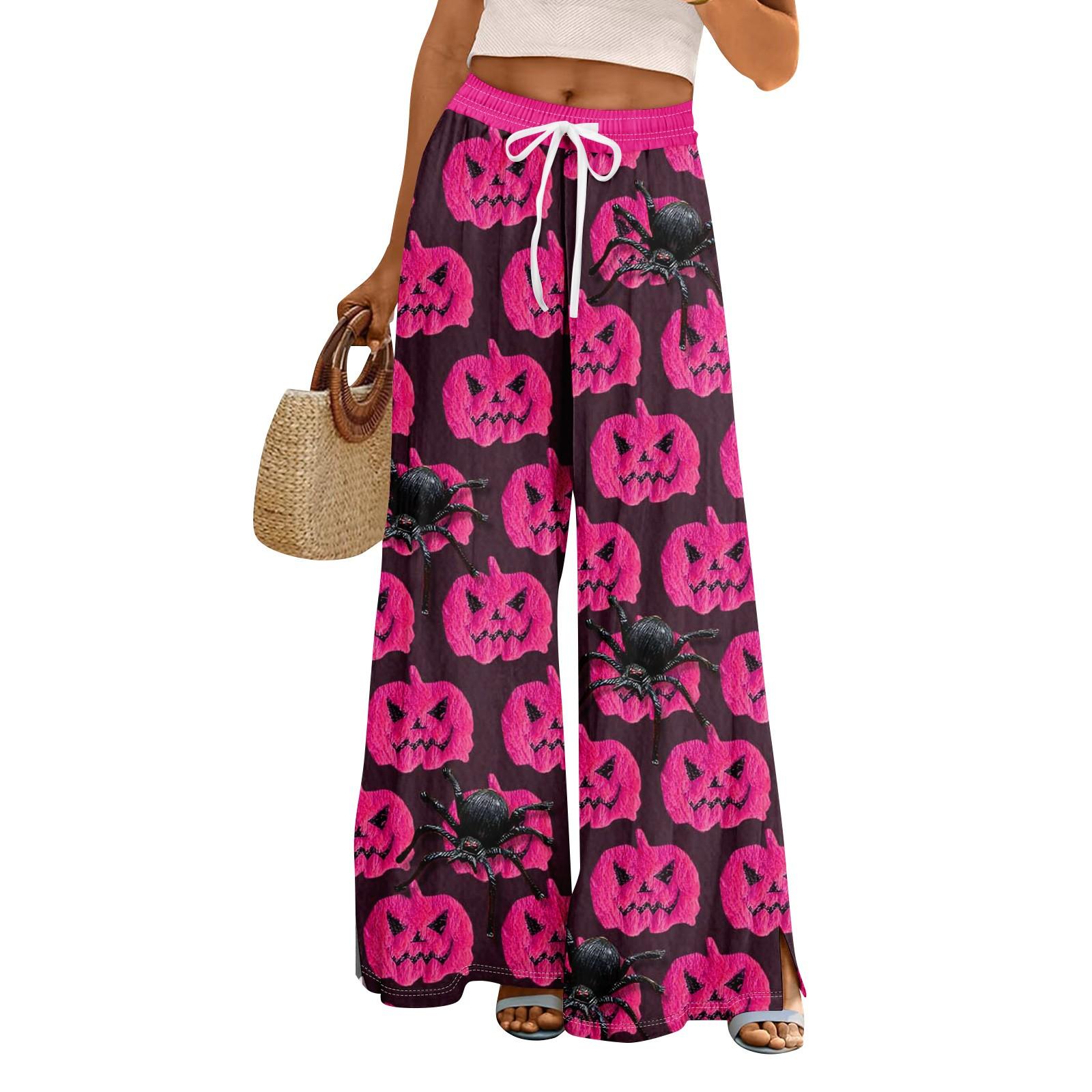 

Women Summer Boho Palazzo Pants High Waist Wide Leg Halloween Printing Casual Trousers With Pockets XXL