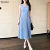 Women Casual Round Neck Solid Color Sleeveless Pleated Dress