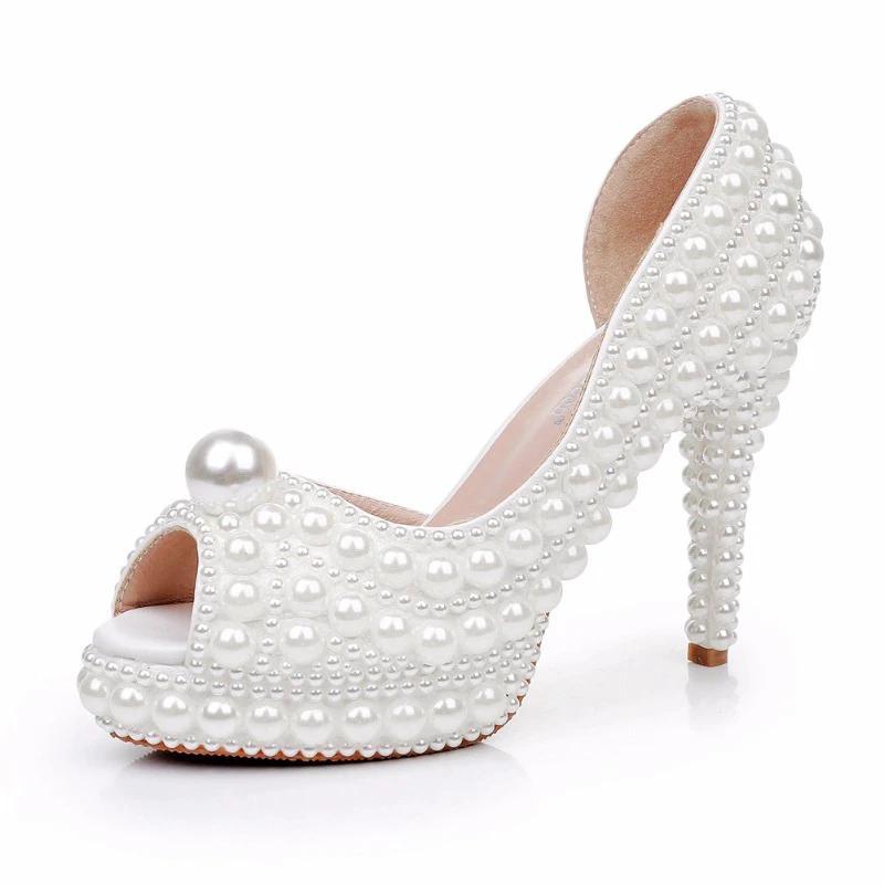 

Fashion New All Pearl Fish Mouth High-heel Sandals Beige White Pearl Waterproof Platform Banquet Bride Bridesmaid Wedding Dress Sandals 40